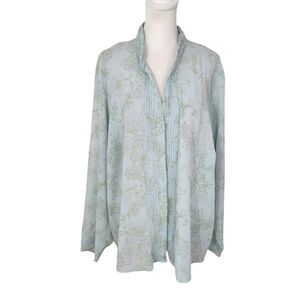 Venezia Blue and Green Floral Print Semi-Sheer Blouse Pintuck Detail Size 22-24
